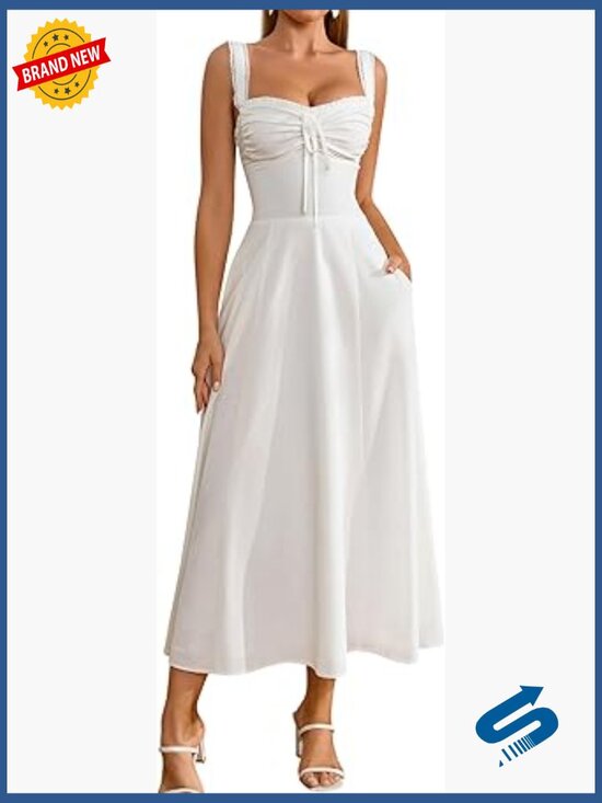 Dresses & Skirts - Vintage Corset Midi Dress with Pockets Flowy A-Line Lace Up Back